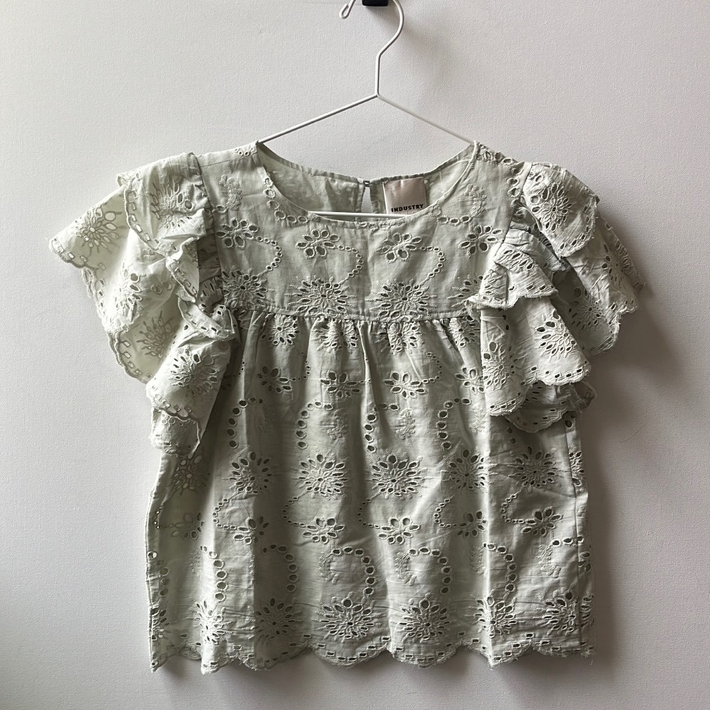 Eyelet Ruffle Sleeve Blouse in Light Sage - INDUSTRY